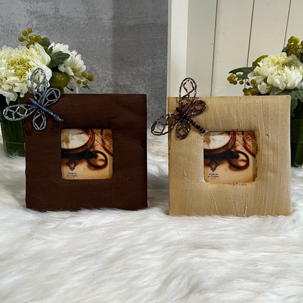NEW Fusion x Pier 1 Silk Dragonfly 3x3 Square Picture Frame Set Chocolate Gold
